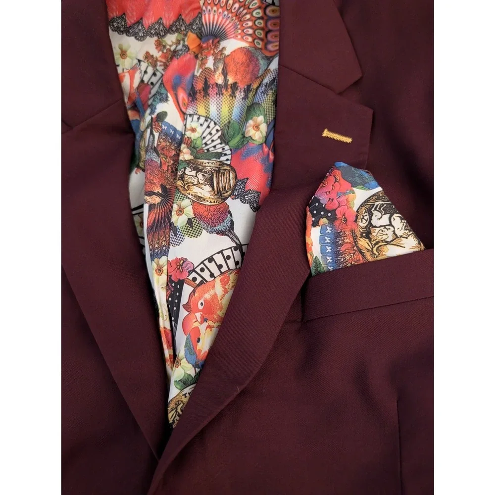 St Patrick Mens Burgundy‎ Blazer Jacket Graphic Lining Pocket Square Size M